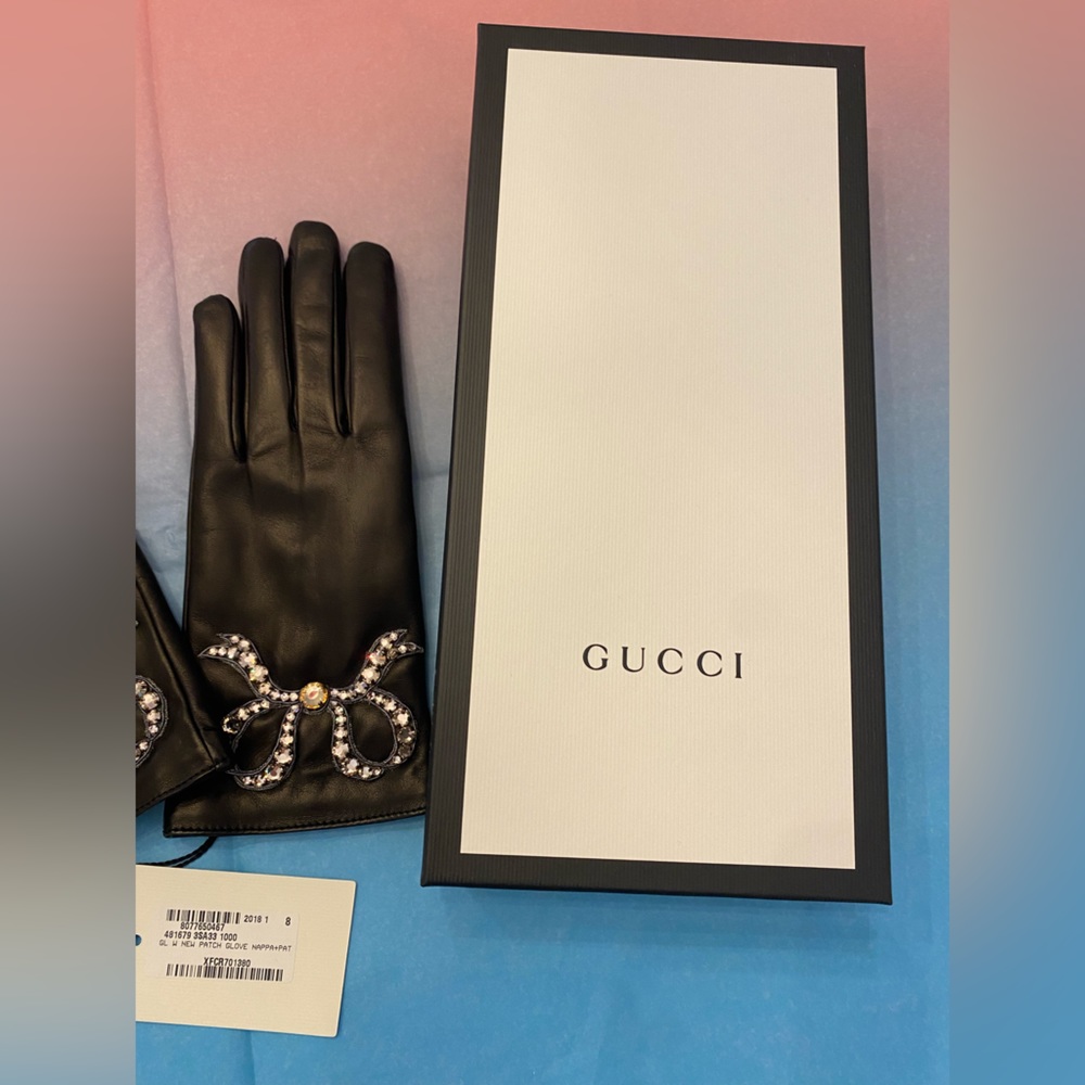 NWT NIB GUCCI New Patch leather Crystal Bow black gloves sz 8 giftable - Picture 5 of 6